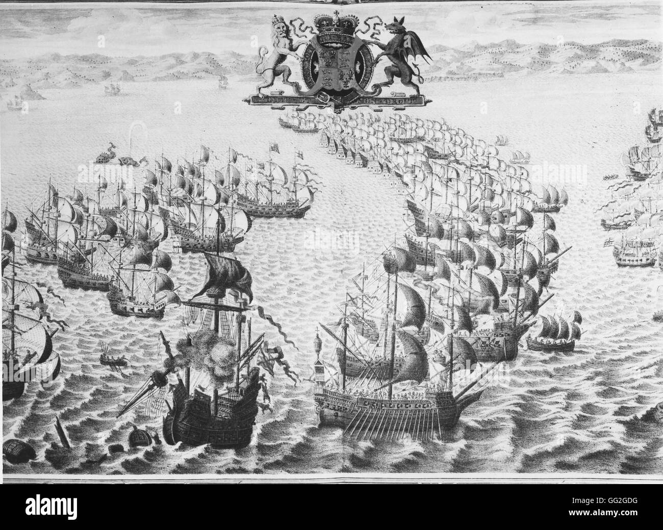 Niederlage der spanischen Armada durch die englische Marine Kräfte im Jahre 1588. Stich nach einem Wandteppich. Stockfoto