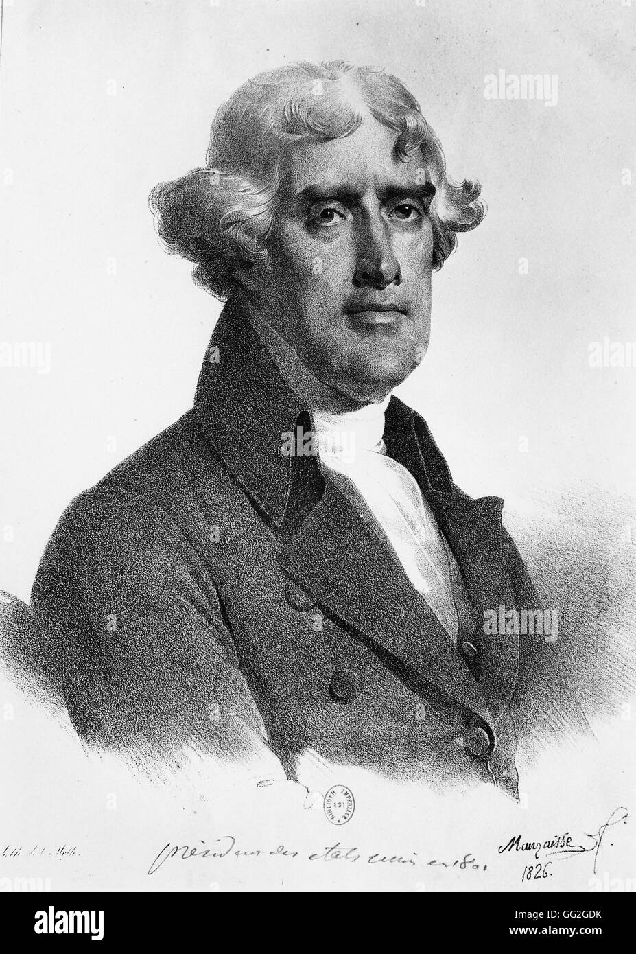 Mauraisse French school Porträt von Thomas Jefferson, Präsident der Vereinigten Staaten von Amerika von 1801 bis 1809. 1826-Lithographie Stockfoto