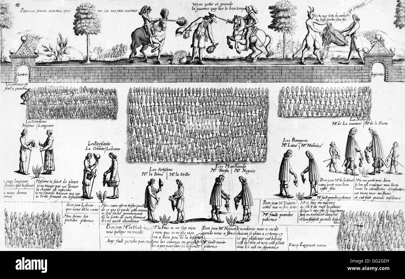Allegorie der sozialen Schichten, mit Beschreibungen und Sprüche. Gravur 17. Jahrhundert Paris, Bibliothèque Nationale de France Stockfoto