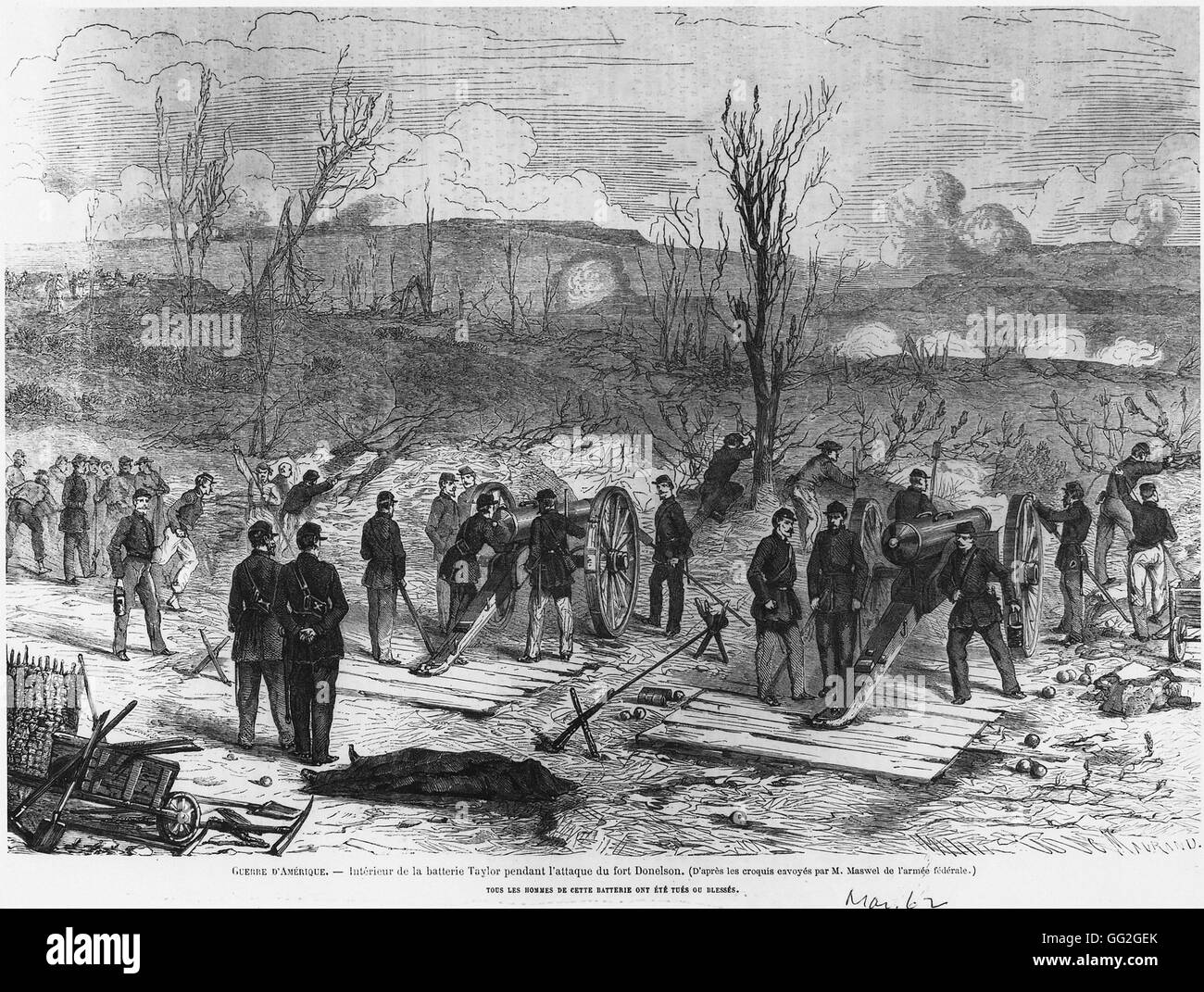 Taylors Akku während des Angriffs auf Fort Donelson (13.-16. Februar 1862). "Alle diese Männer wurden entweder getötet oder verwundet."  Skizze von Herrn Maswell in. Le Monde Illustré Nr. 258 vom 22. März 1862 Paris, Bibliothèque Nationale de France Stockfoto