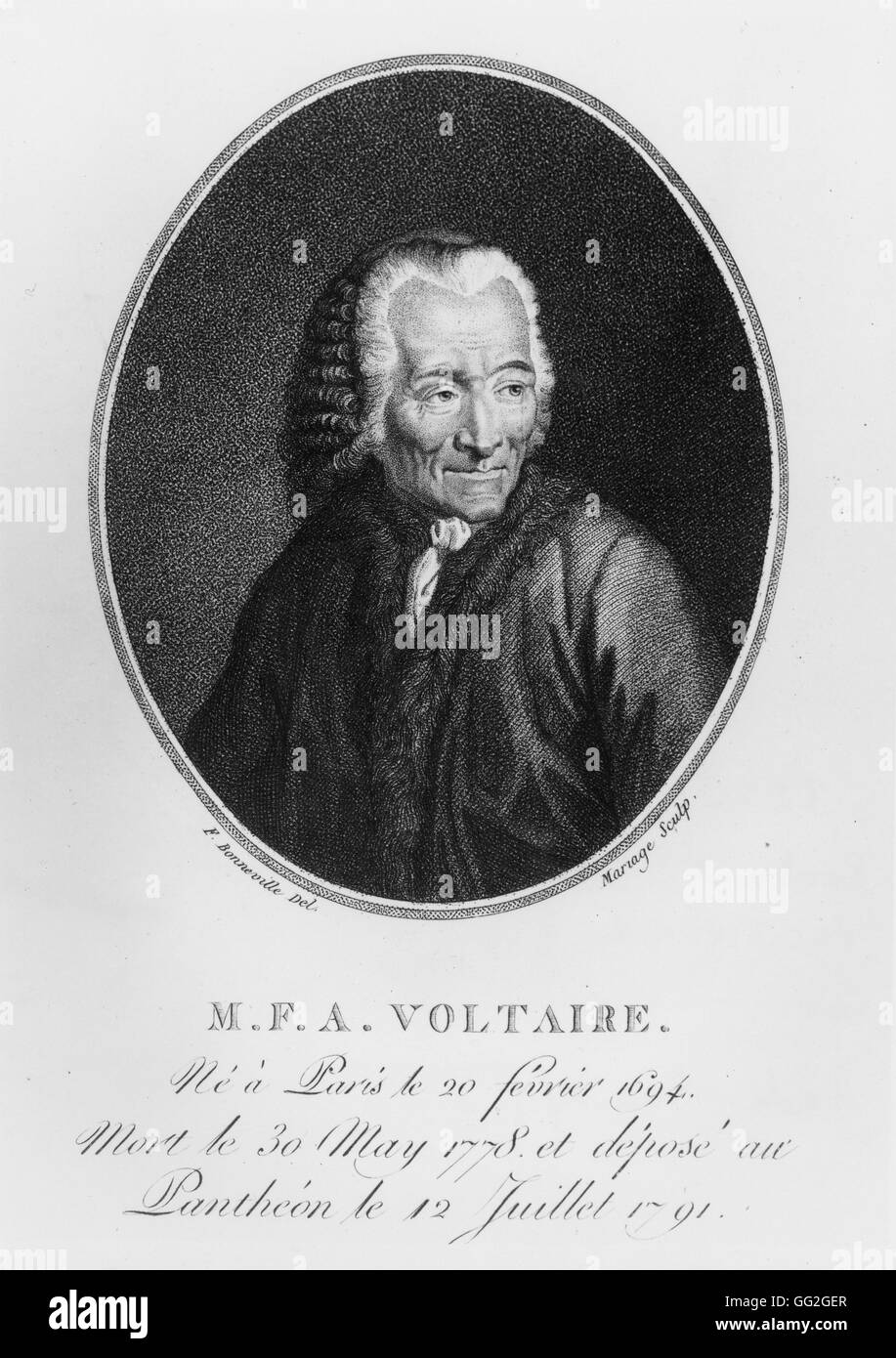 Voltaire (Francois Marie Arouet) in seinem Alter. Französischer Autor und Philosoph. Kupferstich aus dem 19. Jahrhundert. Stockfoto