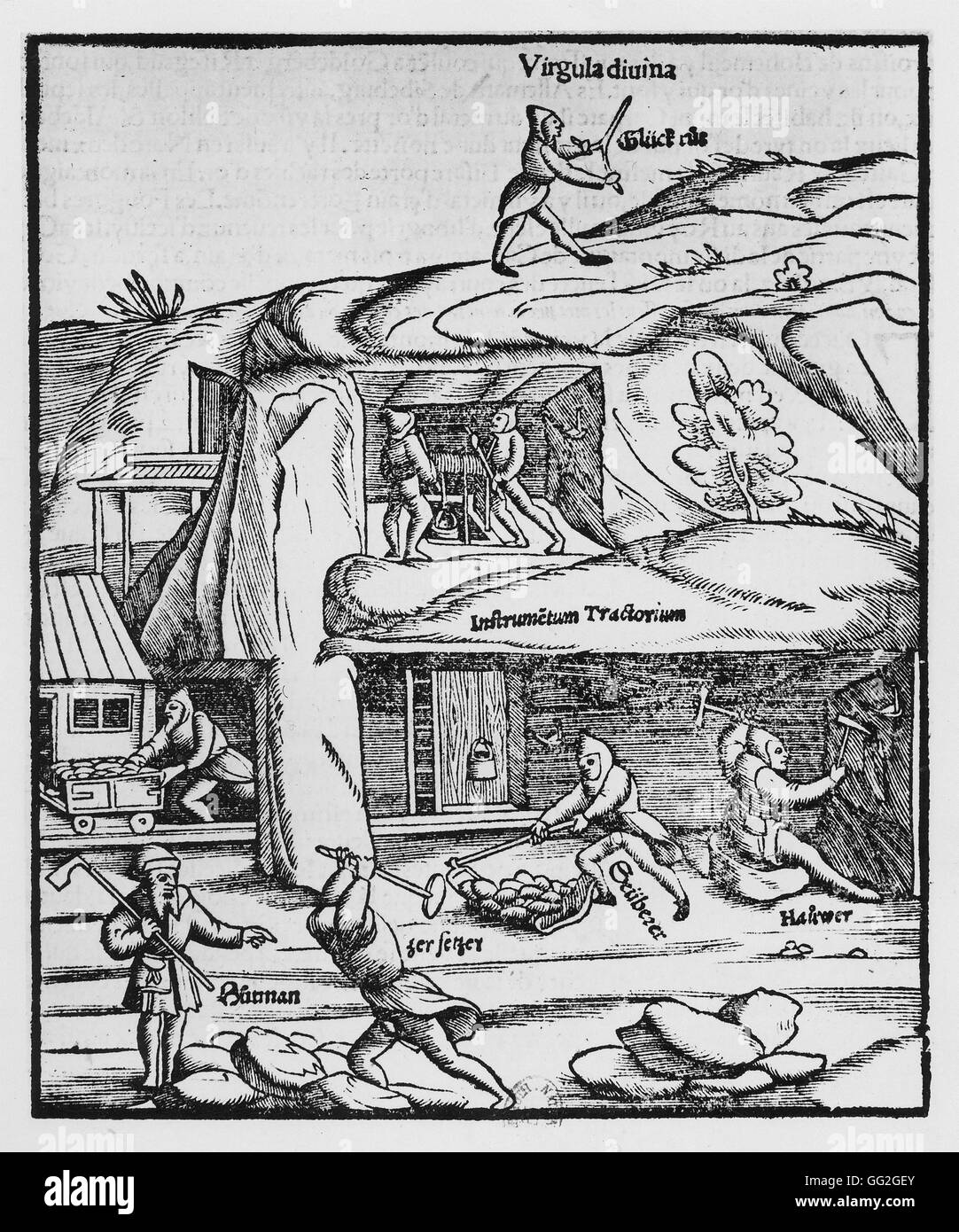 Sebastian Münster deutsche Schule Mine arbeiten. Verschiedene Besetzungen der Minenarbeiter. 1544 Gravur Zoll der "Cosmographia" (Cosmographia Universalis)-Paris, Bibliothèque Nationale de France Stockfoto