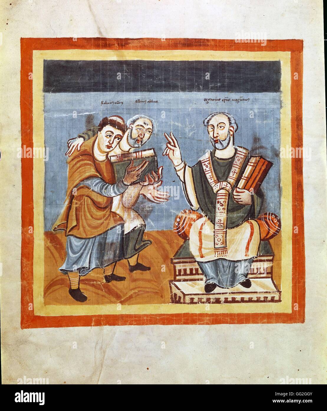 Albinus und Rabanus Maurus bieten ihre Arbeit Octavius.  830-842 Miniatur aus dem "Laudibus Sanctae Crucis' von Rabanus Maurus. Wien, Österreichische Nationalbibliothek Stockfoto
