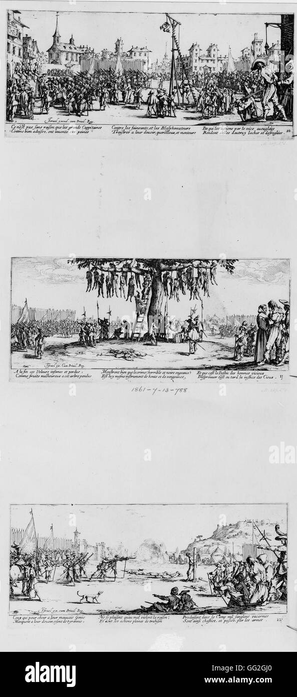 Jacques Callot French Schule Dreißigjährigen Krieg: The Strappado (oben), die hängen (Mitte) und die Aufnahmen von Arkebusen (unten) 1633 drei Radierungen aus "The Elend und Schrecken des Krieges" illustriert die Schrecken des Dreißigjährigen Krieges in Europa.  PA Stockfoto