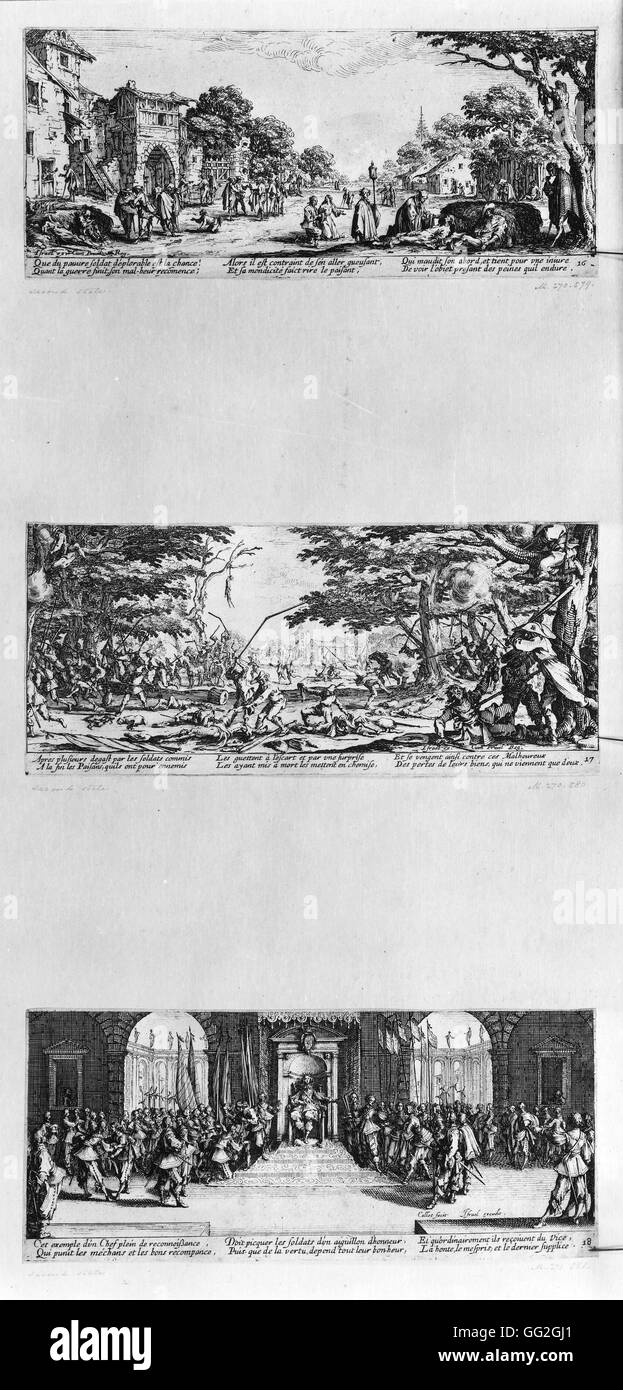 Jacques Callot French Schule Dreißigjährigen Krieg: sterbenden Menschen von der Straße (oben), Bauern nehmen ihre Rache (Mitte), Distributing Auszeichnungen (unten) 1633 drei Radierungen aus "The Elend und Schrecken des Krieges" illustriert die Schrecken des Dreißigjährigen Stockfoto