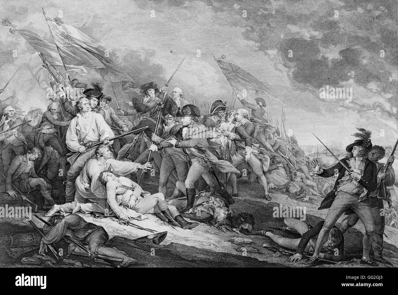 Kupferstich von "The Tod von General Warren in der Schlacht von Bunker Hill, 17. Juni 1775" nach dem Gemälde von John Trumbull. Stockfoto