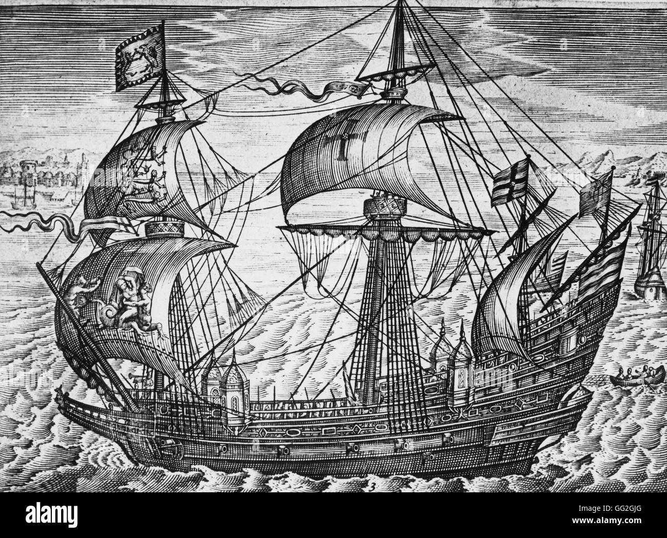 Kommerzielle Schiff 1590 Gravur Stockfoto
