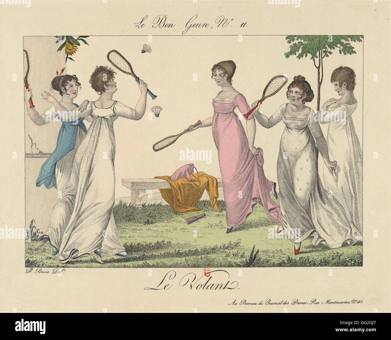 François-Joseph Bosio monegassischen Schule junge Frauen spielen Badminton in einem Garten Zoll "Le Bon Genre, Nr. 11" 1827 Lithographie Paris, Bibliothèque Nationale de France Stockfoto