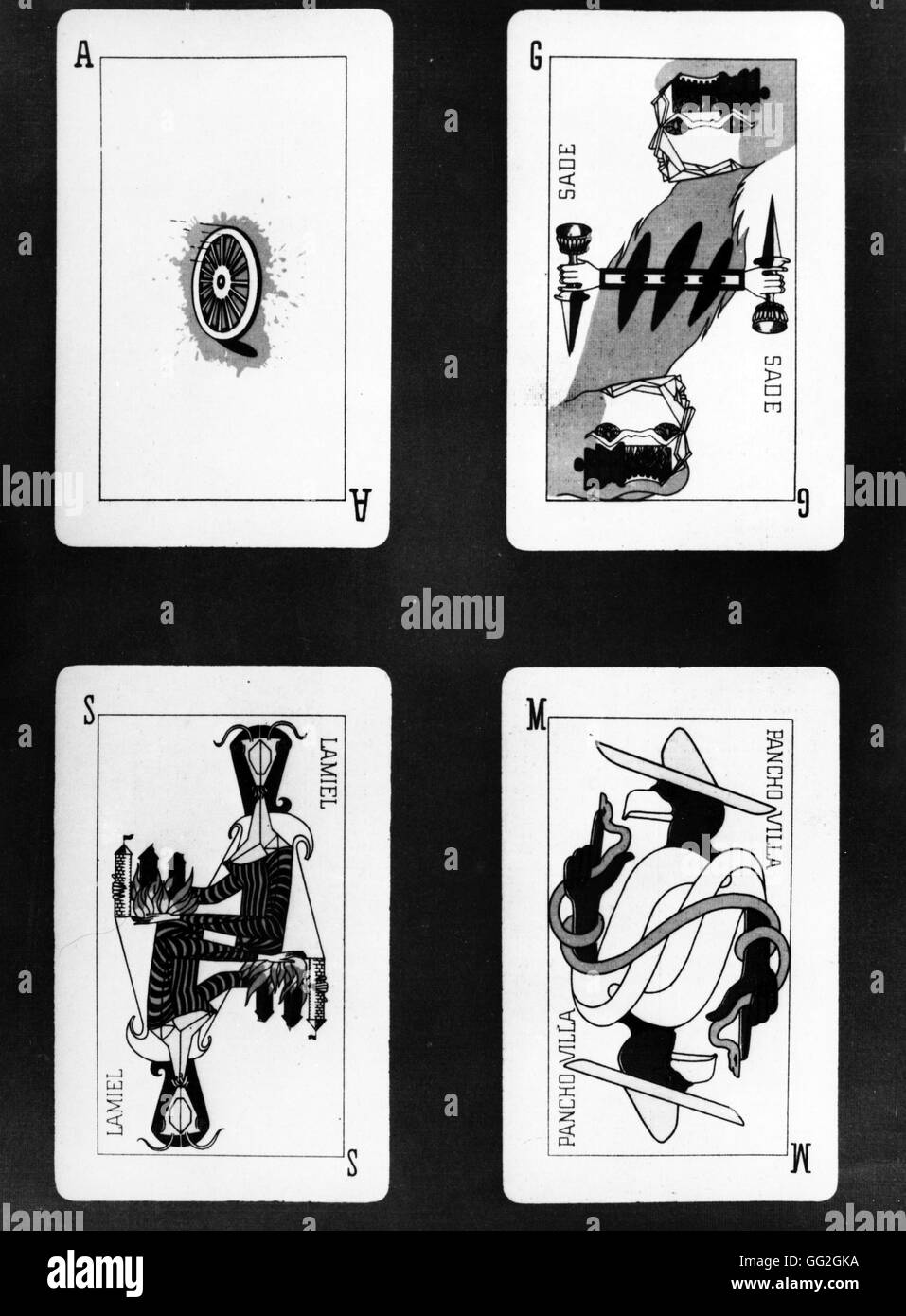 Jeu de Marseille. Vier surrealistischen Karten aus dem Tarot-Spiel inspiriert. Es wurde von Künstlern aus der surrealistischen Bewegung wie André Breton, Max Ernst, Wifredo Lam, André Masson geschaffen.  Die Karten repräsentieren:-Sade, Karte von Jacques Hérold entworfen. Ch Stockfoto