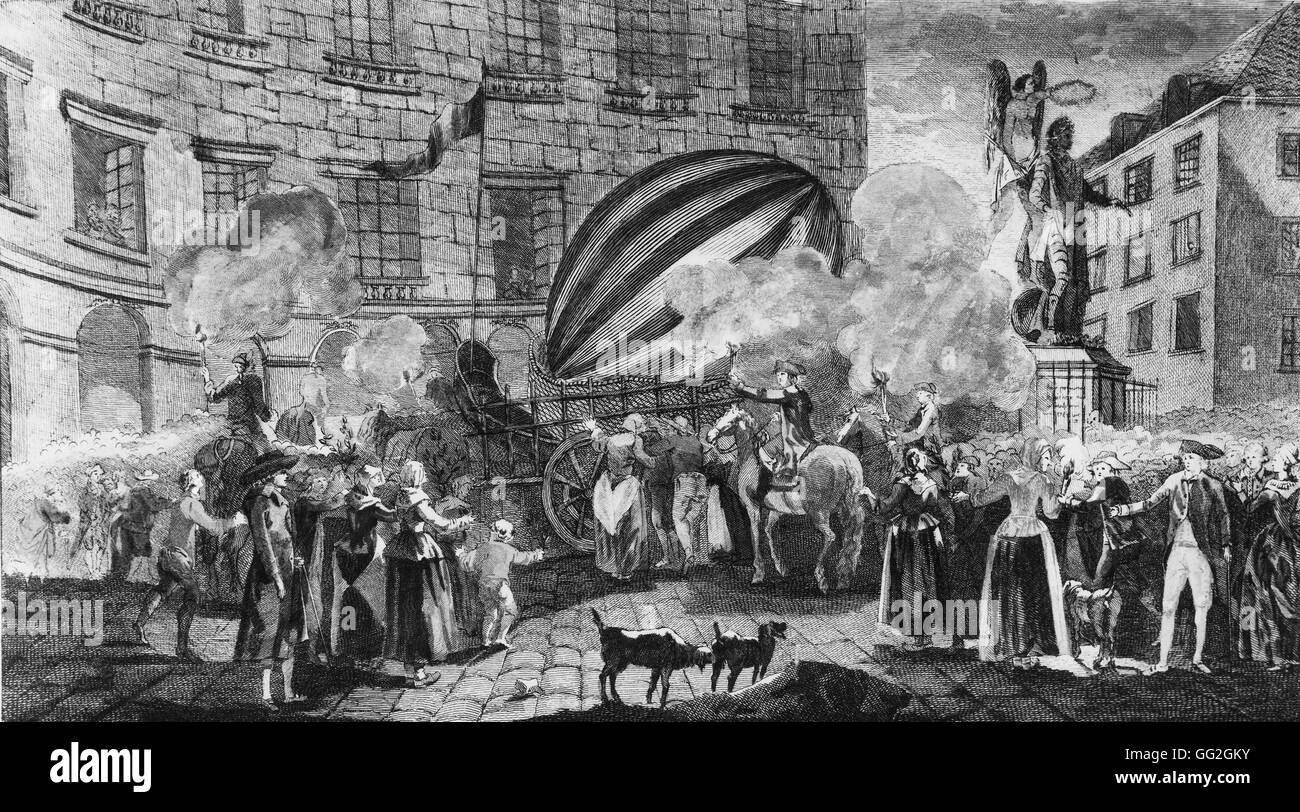Wasserstoff-gefüllten Ballon von Jacques Charles erfunden und von den Brüdern Robert gemacht. Flug der 1. Dezember 1783. Abfahrt von der Jardin des Tuileries in Paris und Ankunft in Paris. Der Ballon wurde in einen Warenkorb gelegt und an die Stelle des Victoire geführt wird Stockfoto