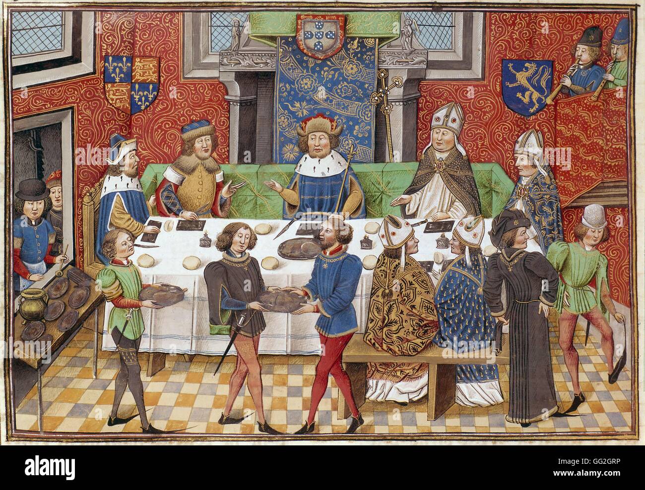 Froissarts Chroniken Bankett: John of Gaunt, Herzog von Lancaster, Herrscher von Aquitanien, Anwärter auf den kastilischen Thron & John i., König von Portugal.  14. Jahrhundert Illluminated Manuskript Ms. Royal 14EIV, f.244 v. London, British Library Stockfoto