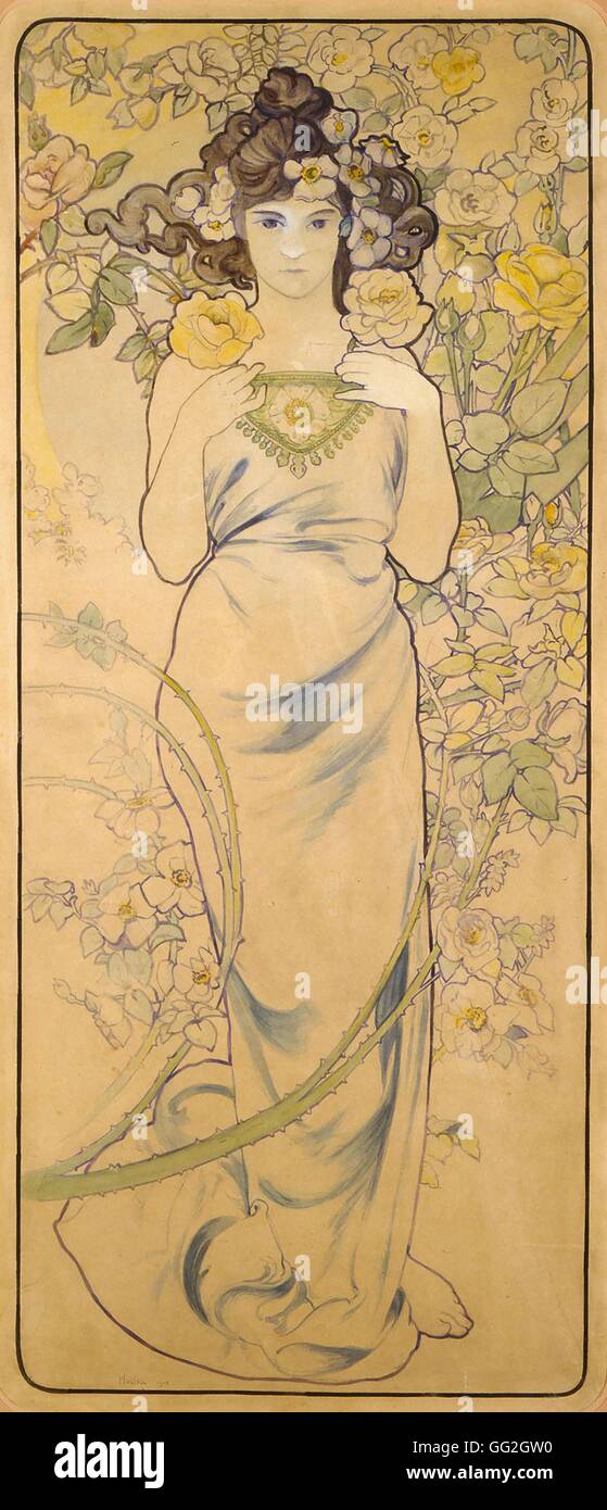 Alfons Mucha Tschechische Schule Blumen: Rose Lithografie 1898 Stockfoto