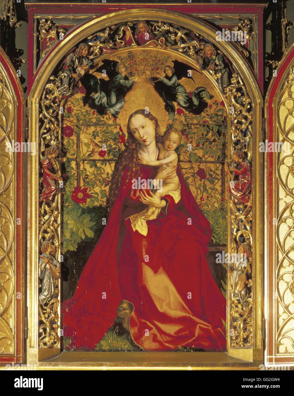Martin Schongauer French Schule Jungfrau der Rose Garten Vierge au Buisson de Roses 1473 Öl und Blattgold auf Holzplatten (200 x 114,5 cm) Colmar, Kirche der Dominikaner Stockfoto