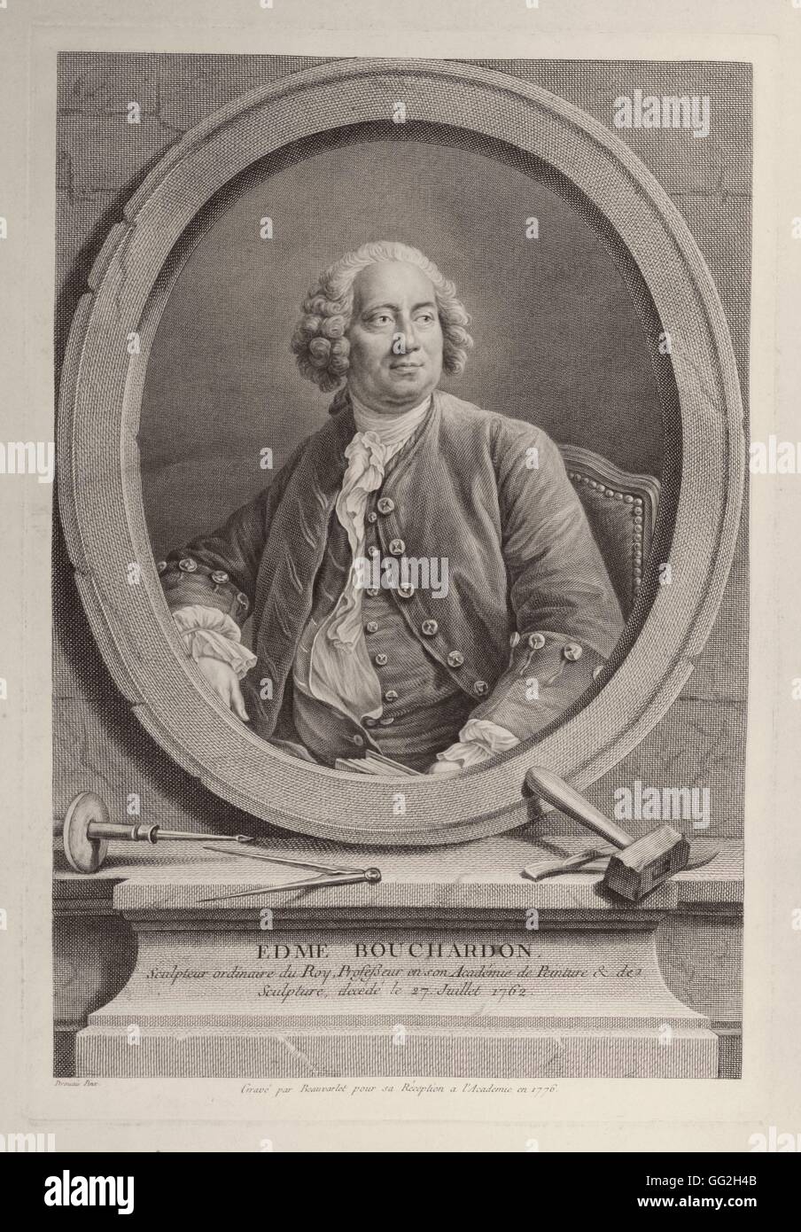 Jacques Firmin Beauvarlet Französisch Schule Edme Bouchardon (1698-1762), französischer Bildhauer Gravur Stockfoto