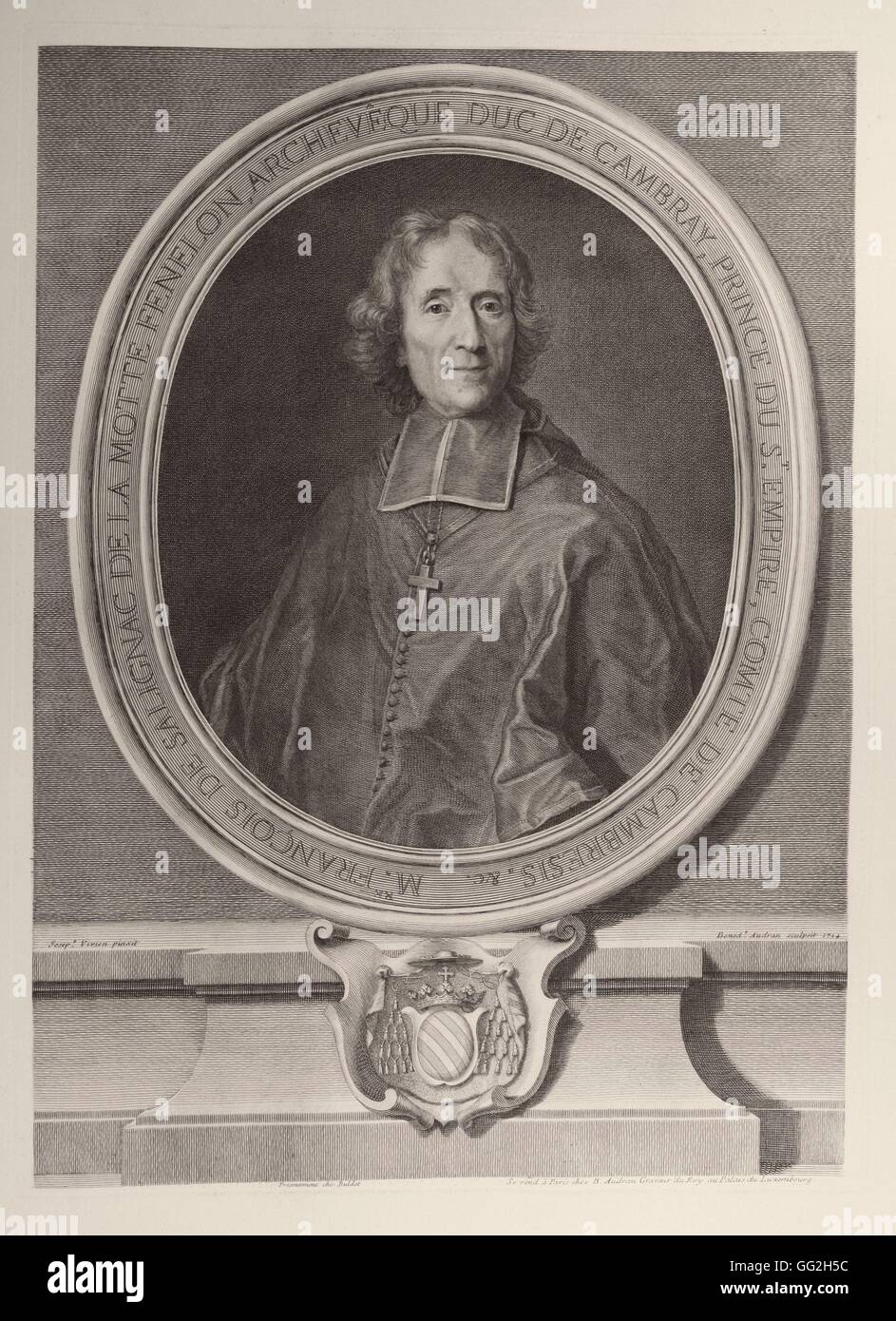 Benoît Audran, nachdem Joseph Vivien French Schule François de Salignac De La Motte Fénelon, bekannt als Fénelon, Erzbischof (1651-1715), Herzog von Cambrai, Graf von Cambrésis, Theologe und französische Schriftsteller Linie Gravur 1714 Stockfoto