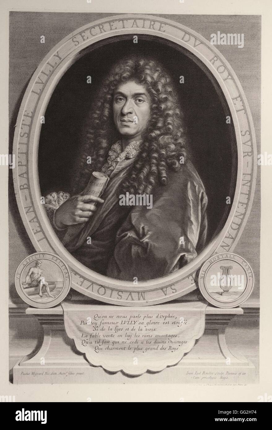 Jean-Louis Roullet, nachdem Nicolas Mignard French Schule Jean-Baptiste Lully (1632-1687), Italienisch dann später französische Komponist, Superintendant der Musik von Louis XIV. Gravur Stockfoto