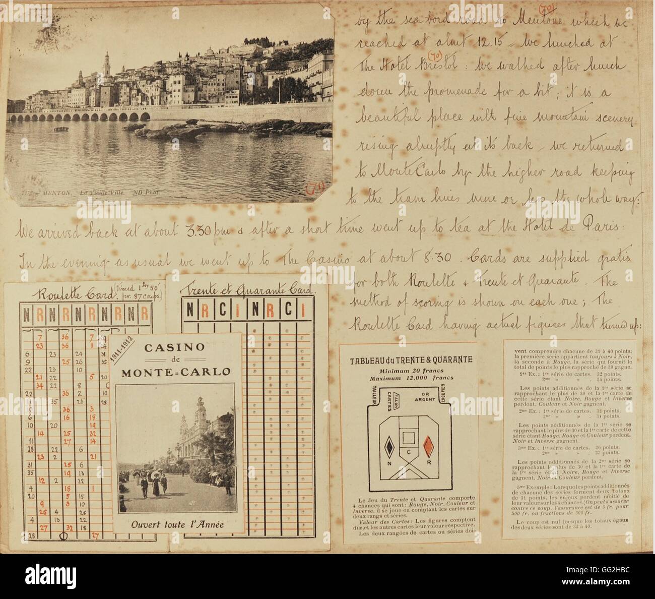Reisen Sie Tagebücher 72 handgeschriebene Seiten in englischer Sprache mit Fotos, Postkarten, Karten, Tickets und Notizen über die Reise von einer englischen Familie in Monaco vom 20. März bis 5. April 1912. Stockfoto