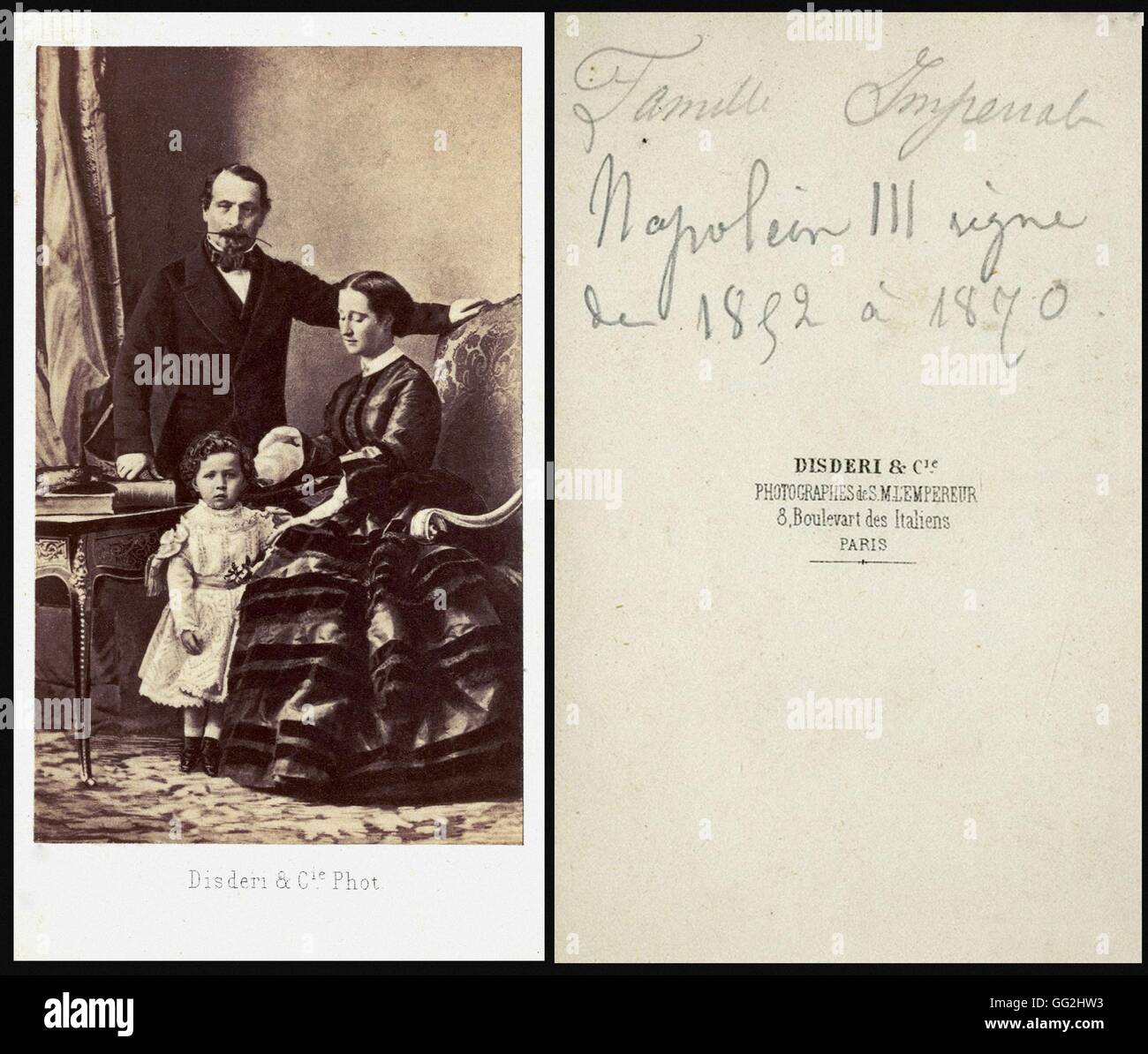 Die kaiserliche Familie:-Charles-Louis-Napoléon Bonaparte (Napoléon III) (1808-1873) - Eugenia María de Montijo de Guzmán, Gräfin von Teba (Kaiserin Eugénie) (1826-1920) - ihr Sohn Louis Napoléon Eugène Jean Joseph Bonaparte (1856-1879) Foto: Disdéri Siz Stockfoto