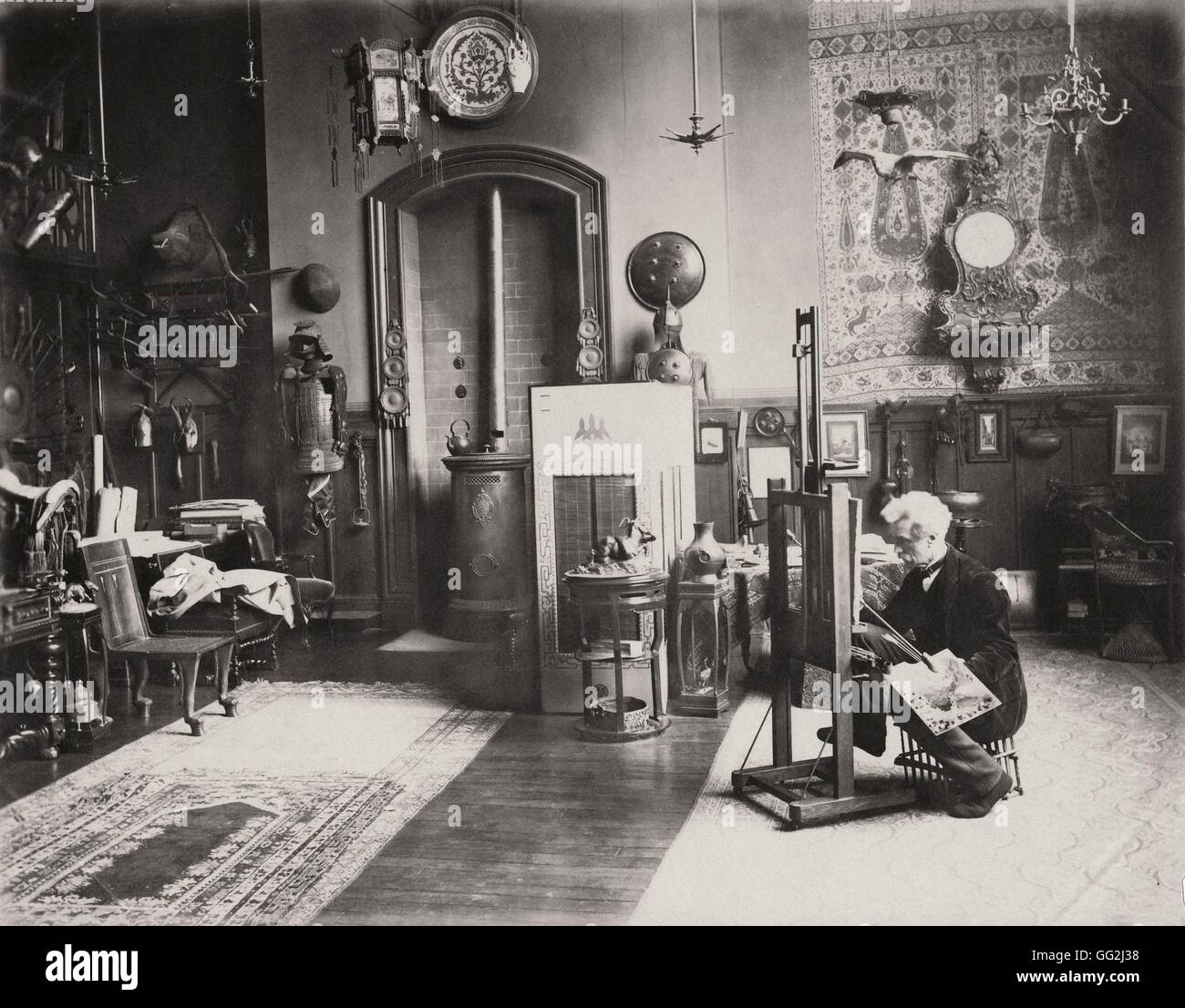 Französischer Maler und Bildhauer Jean-Léon Gérôme im Atelier Paris befindet sich 6 rue de Bruxelles im 9. Arrondissement von Paris. Albumen print c.1885 Stockfoto
