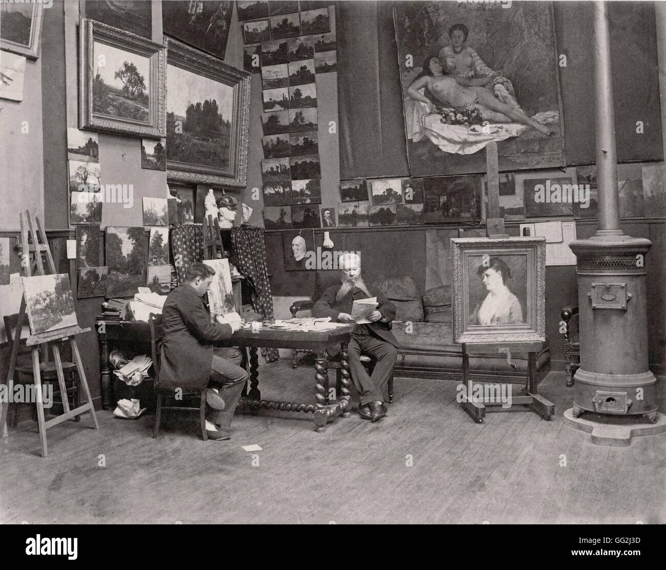 Französischer Maler Hector Hanoteau in seinem Atelier in Paris. Foto von Edmond Bénard c.1885. Albumen print. Stockfoto