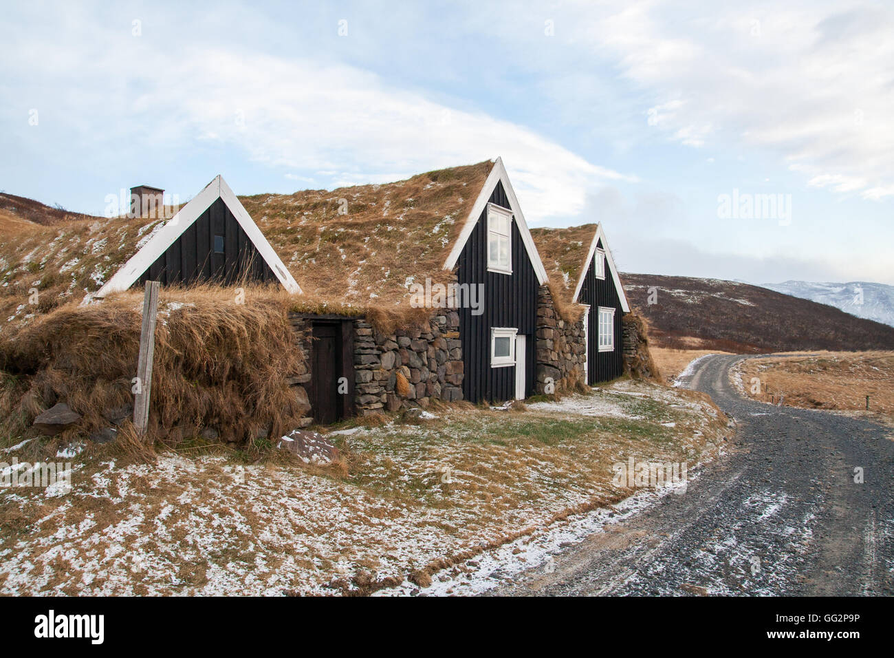 Island-historische Rasen-Häuser Stockfoto
