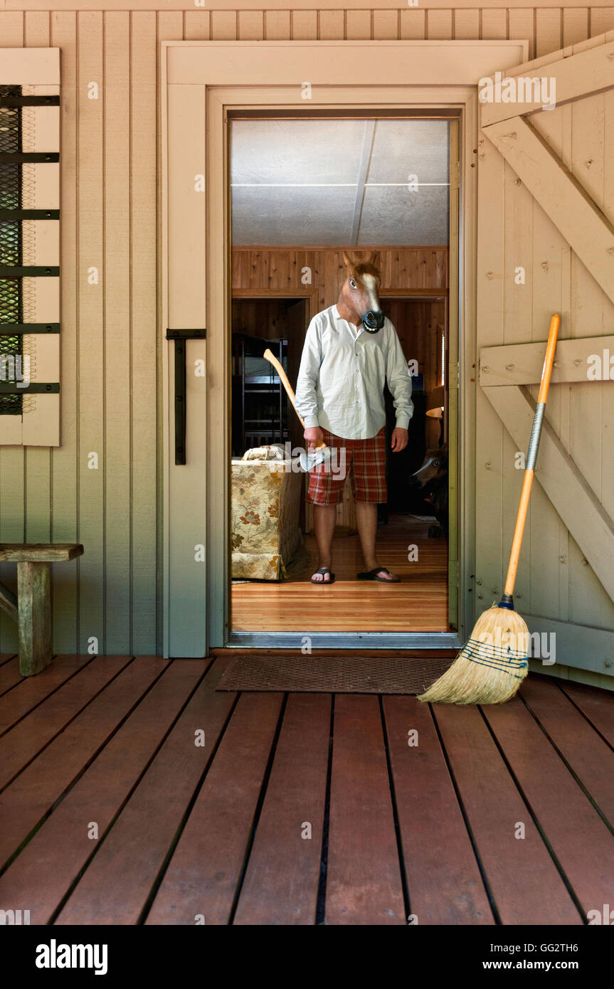 Ein Mann trägt eine Pferd Maske mit einer Axt in eine Kabine. Stockfoto
