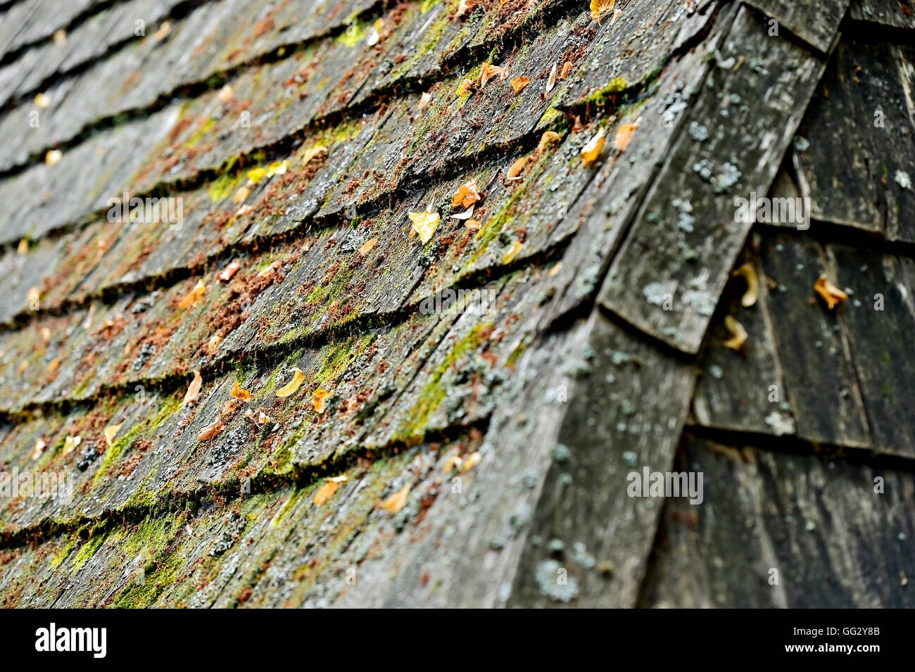 Architektur Detail mit verwittertem Holz Dachziegel Stockfoto