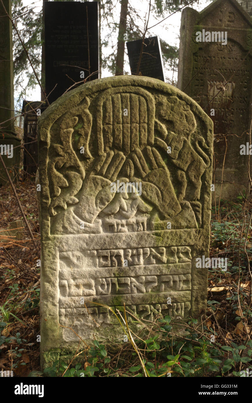 5512---Vatra Dornei, Rumänien. Verzierte Grabstein aus dem alten Friedhof aus dem 18. – 19. C. Cohen Grab zeigt Hände in bl Stockfoto