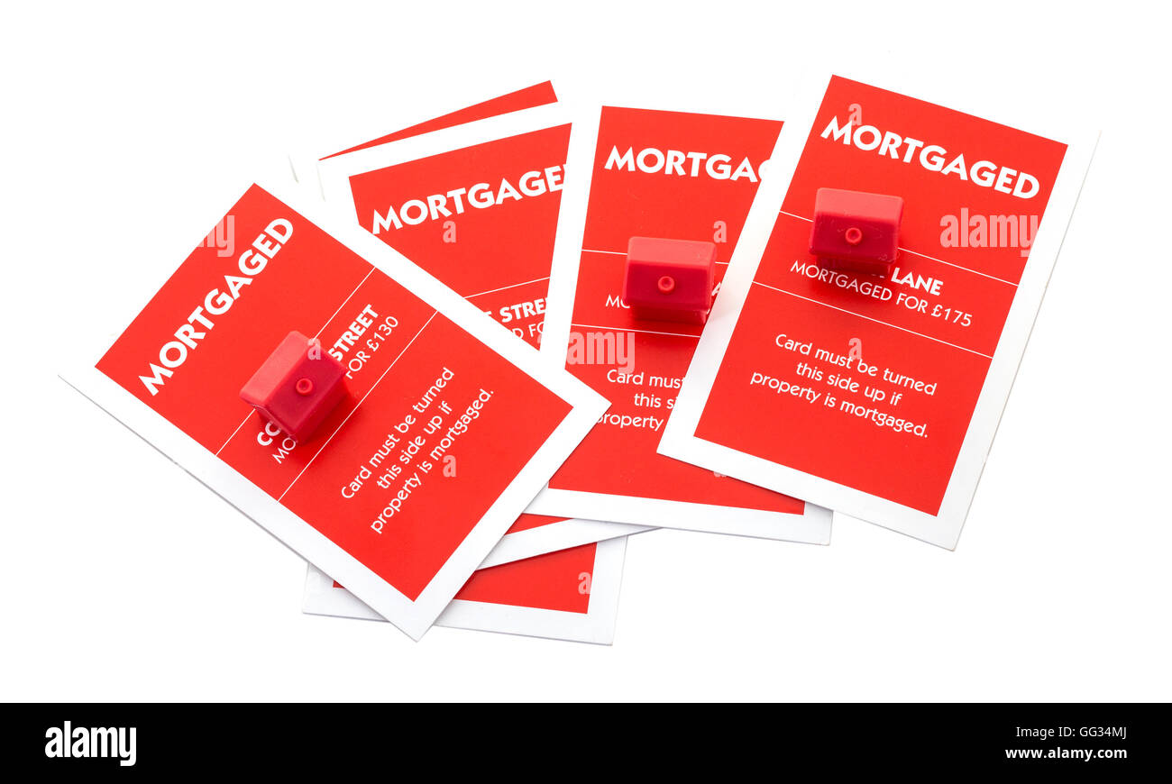 Englische Ausgabe von Monopoly Hypothek Karten auf einem weißen Hintergrund zu zeigen Stockfoto