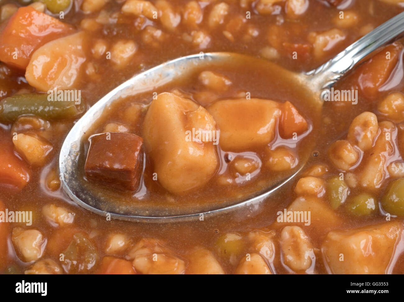 Eine Suppe mit Rindfleisch-Eintopf auf mehr Suppe gefüllt. Stockfoto