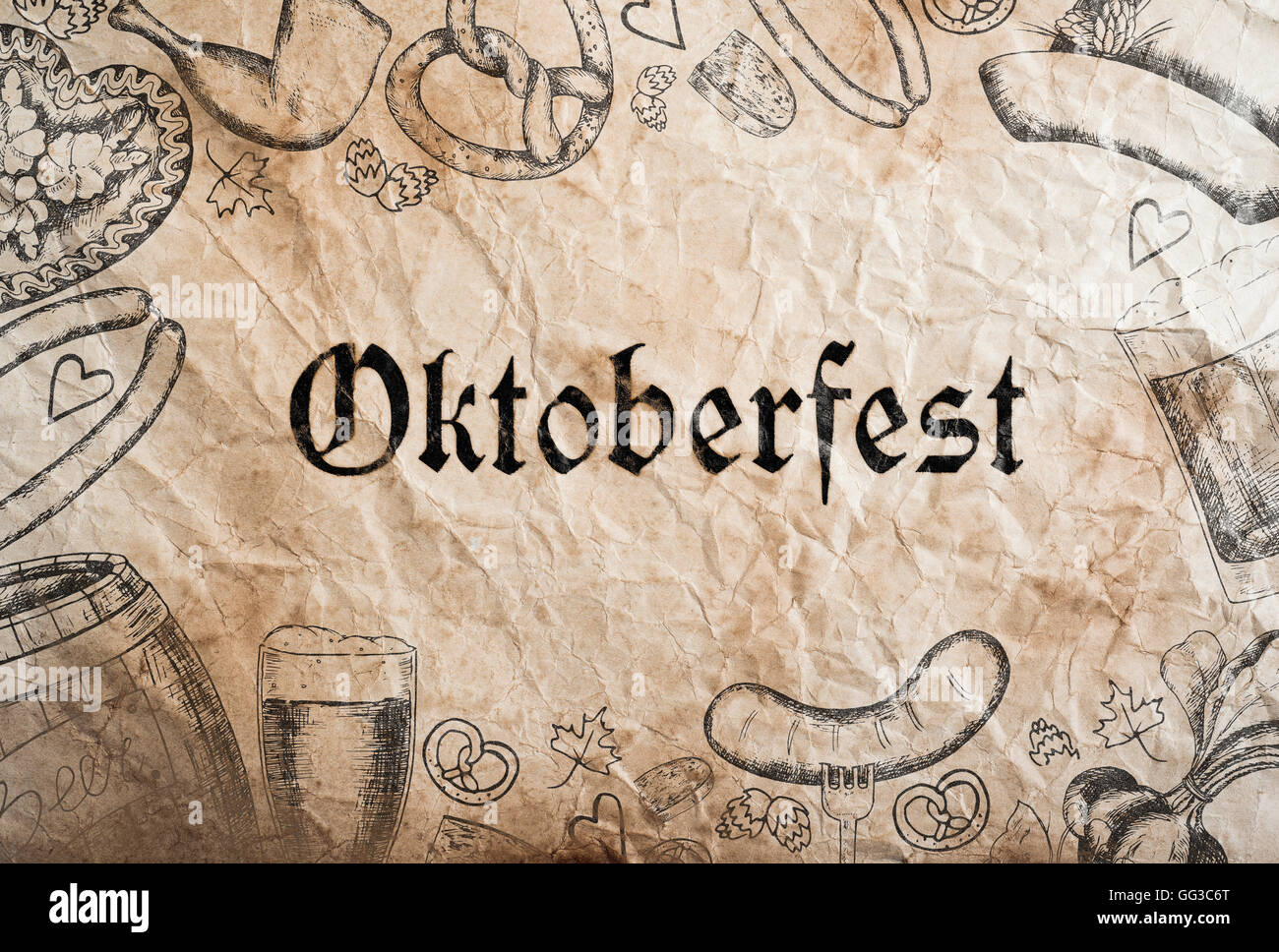 Oktoberfest-Schild mit verschiedenen hand gezeichnete Symbole, Papier staatlich Stockfoto