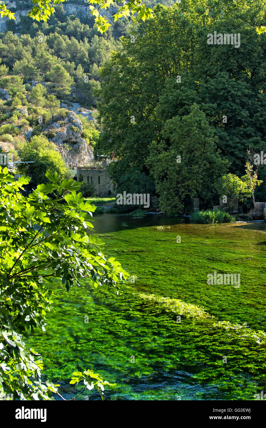Fluss Sorgue in Fontaine de Vaucluse Stadt, Frankreich Stockfoto