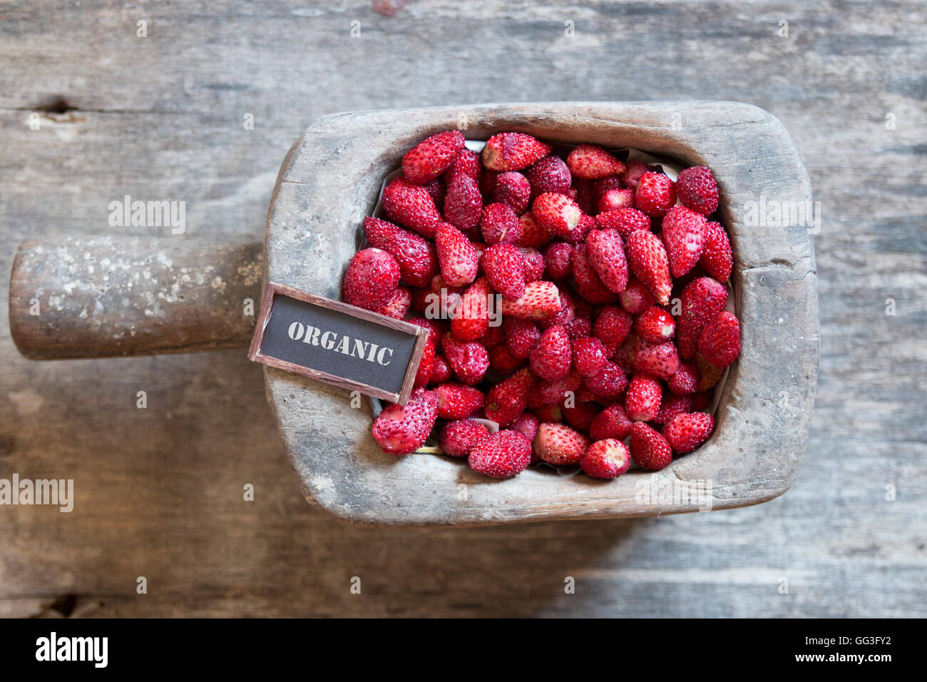 gesunde Ernährung-Konzept, Vintage-Stil, Erdbeere und ein tag Stockfoto