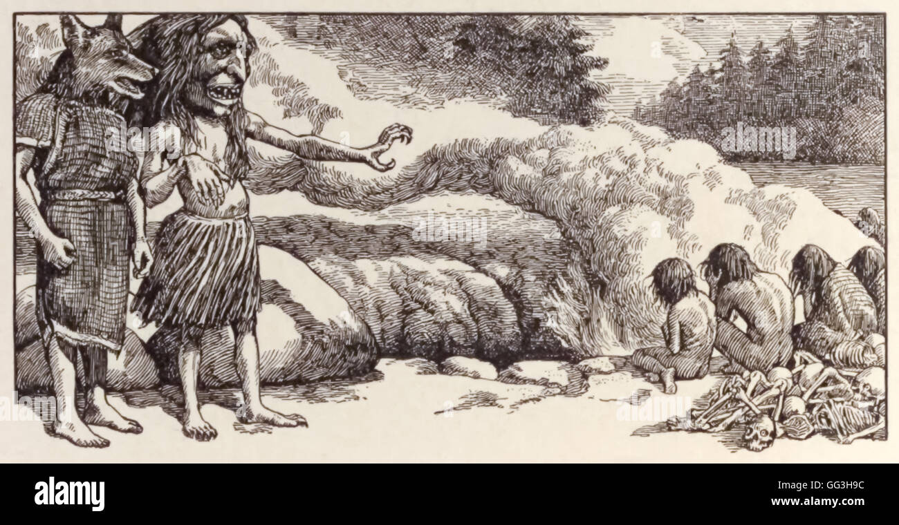 "Die Hexe Kochgrube." Die Hexe oder Grobiane zeigt Coyote die Grube, wo sie ihre Gefangenen kocht, wie diejenigen, die nächsten warten umgeben in Stapeln von Knochen Weinen. Von Abenteuer"von der Kojote" einen anthropomorphen Charakter in der Folklore vieler indigener nordamerikanischer Völker. Abbildung einer Salish indische traditionelle Geschichte von Frederick N. Wilson (1876-1961). Stockfoto