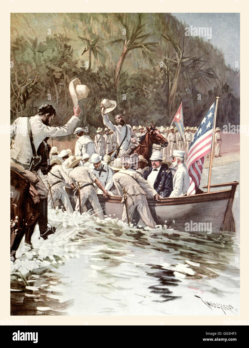 General Shafter, saßen im Boot links und Admiral Sampson, saßen im Boot richtig, Landung am Strand von Aserraderos, in der Nähe von Santiago De Cuba, 20. Juni 1898 während des Spanisch-Amerikanischen Krieges mit General Garcia zu verleihen.  Nach der Zeichnung von T. de Thulstrup.  William Rufus Shafter, 1835 –1906.  Amerikanische Major General.  William Thomas Sampson, 1840-1902.  Konteradmiral der US Navy. Stockfoto