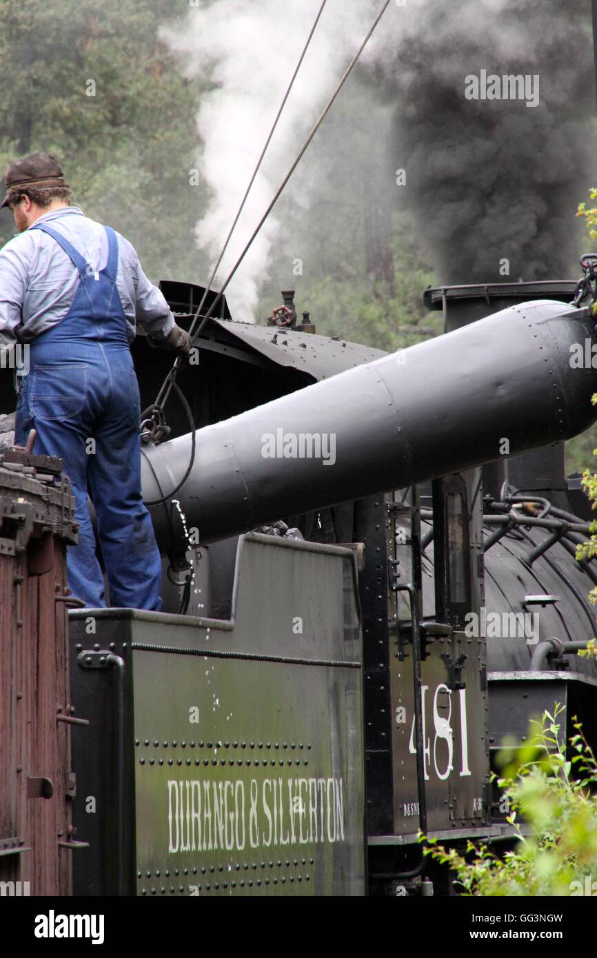 Dampflok unter Wasser der Durango & Silverton Narrow Gauge Railroad Stockfoto