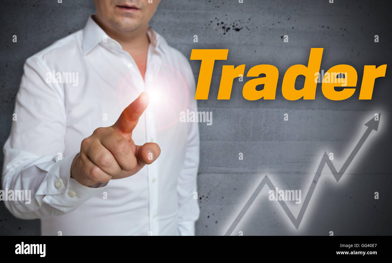 Händler-Touchscreen wird von Mann-Konzept betrieben. Stockfoto