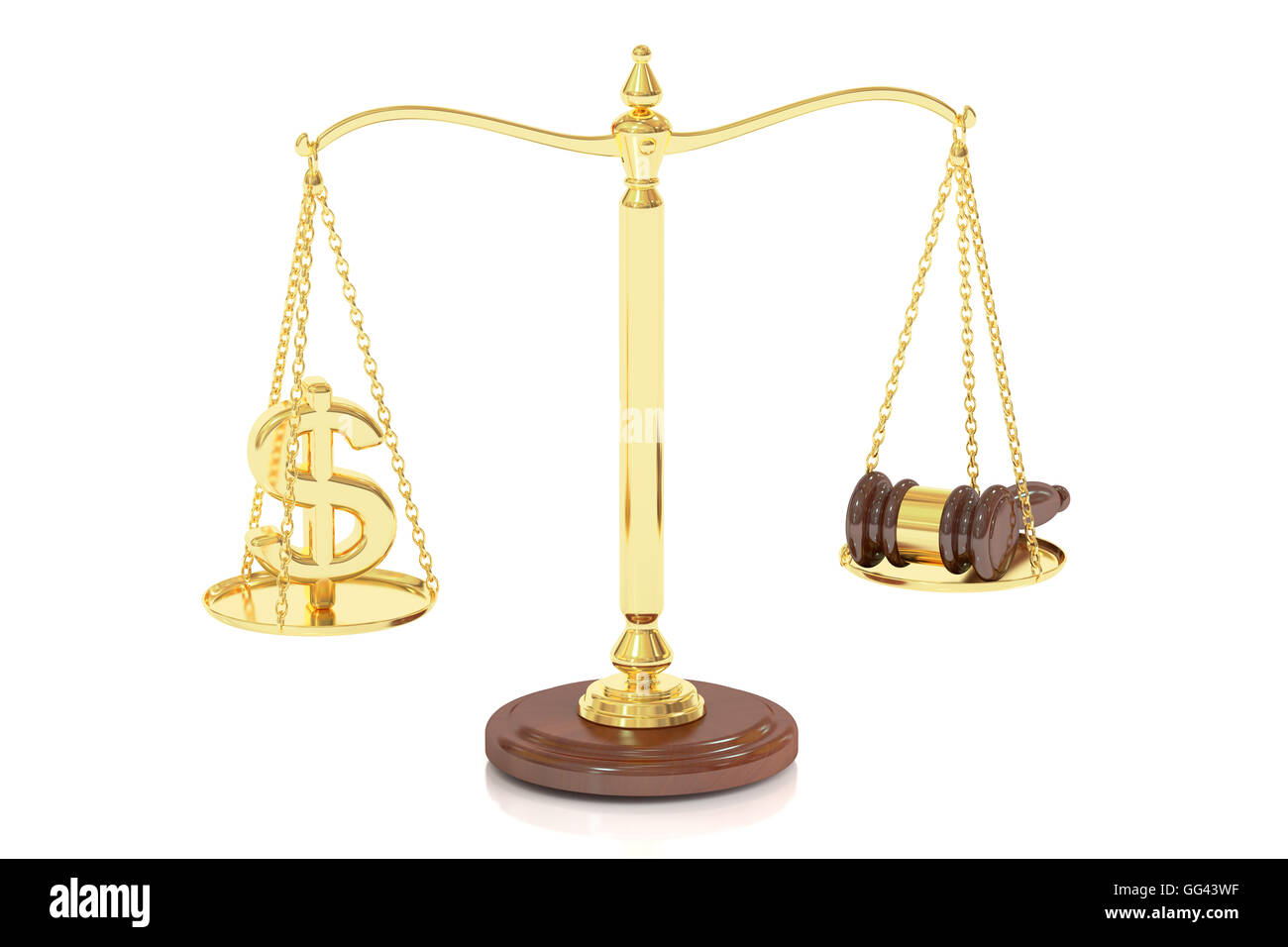 Balance-Konzept auf die Waage, Recht und Geld. 3D-Rendering isoliert auf weißem Hintergrund Stockfoto