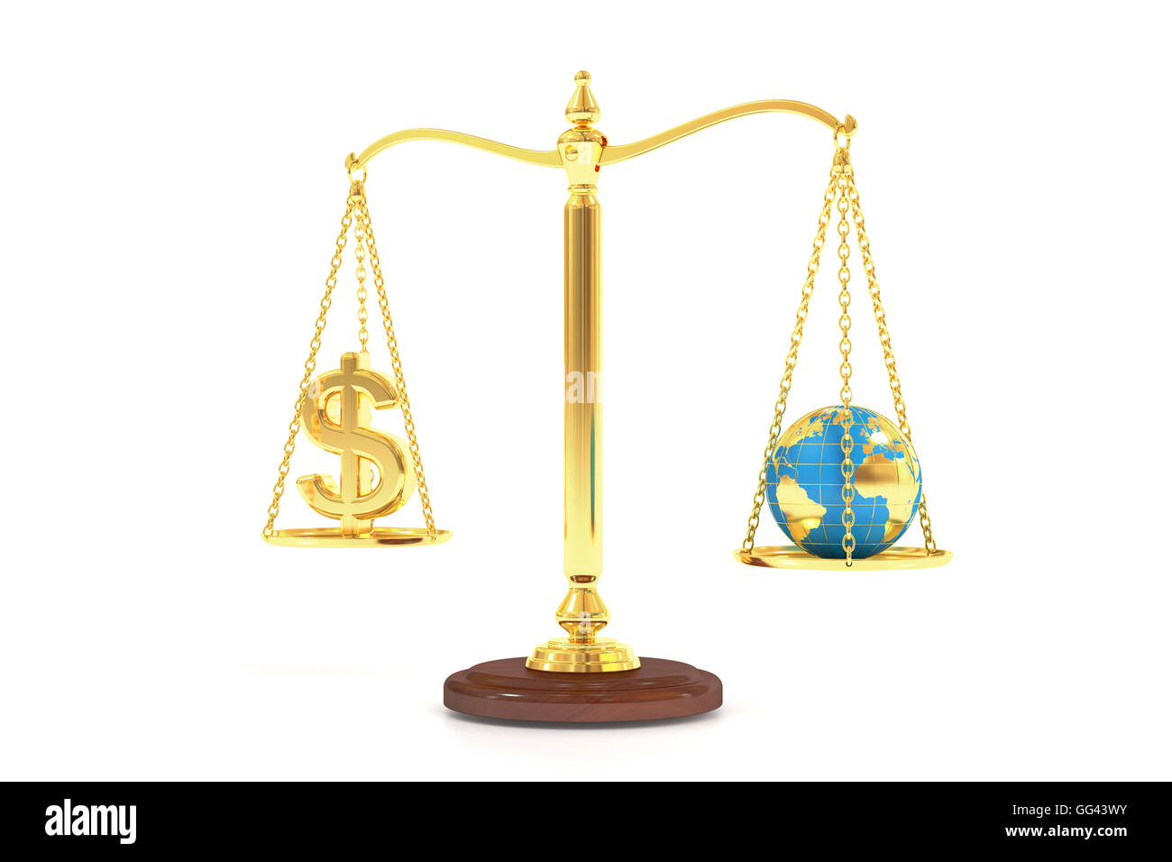 Balance-Konzept, Welt und Geld auf die Waage. 3D-Rendering isoliert auf weißem Hintergrund Stockfoto