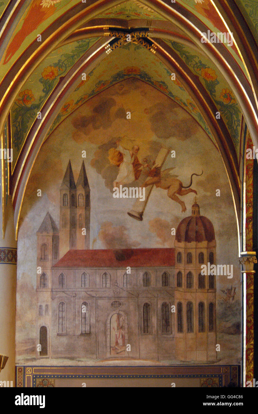 Legende des Teufels Spalte dargestellt, in der barocken Fresken in der Basilika der Heiligen Peter und Paul in Vysehrad in Prag, Tschechien. Stockfoto