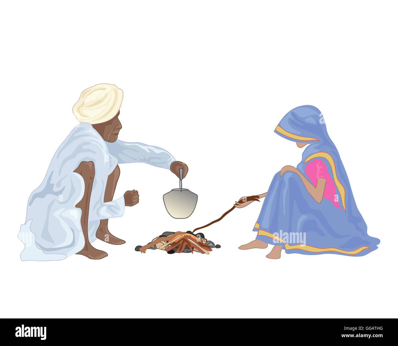 eine Abbildung eines indischen Ehepaar Tee um ein kleines Feuer mit traditioneller Kleidung auf einem weißen Hintergrund Stockfoto