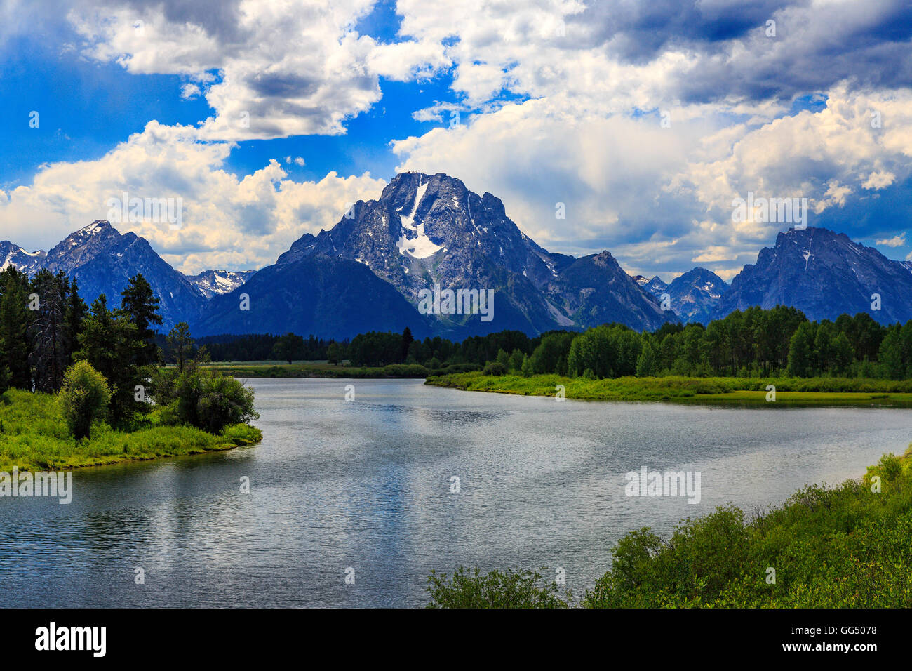 Dies ist eine Ansicht des Mount Moran, einen prominenten Berg in die Teton Range im Grand Teton National Park, USA Stockfoto