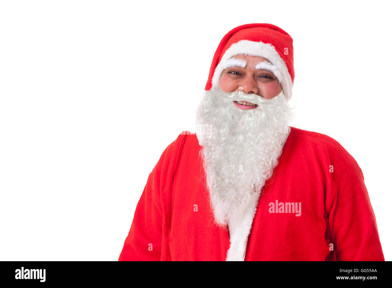 Nahaufnahme von happy Santa Claus vor weißem Hintergrund Stockfoto
