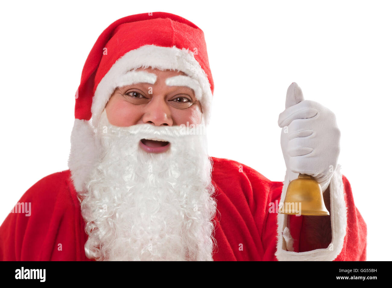 Close-up Portrait von glücklichen Weihnachtsmann mit Glocke vor weißem Hintergrund Stockfoto