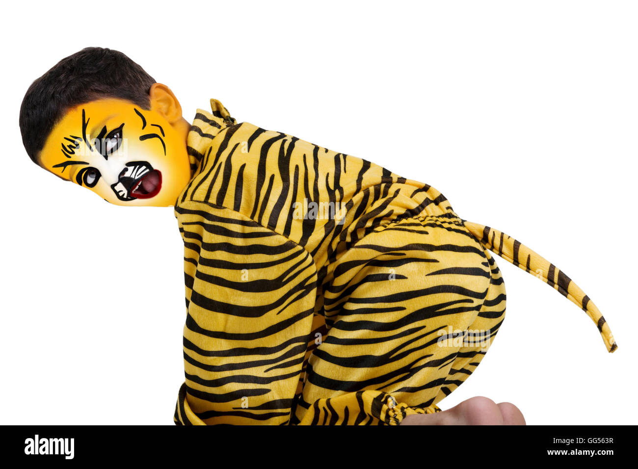 Junge in einem Tiger Kostüm Stockfoto
