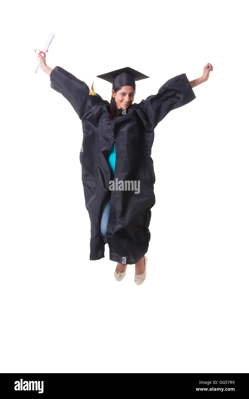 In voller Länge Portrait von aufgeregt, Doktorand, springen über weißem Hintergrund Stockfoto