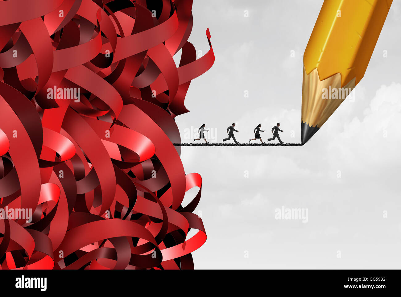 Bürokratie und Verwaltung Management-Erfolg mit einer Gruppe von Wirren Bürokratie und Menschen auf eine Bleistiftzeichnung Linie als bürokratische Lösung Symbol mit 3D Abbildung Elemente weglaufen. Stockfoto