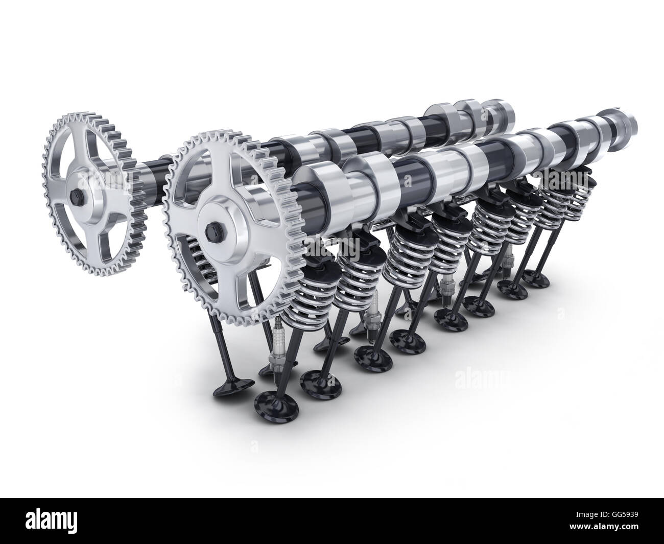 Nockenwelle und Ventil Auto auf weißem Hintergrund (in 3D-Rendering getan) Stockfoto