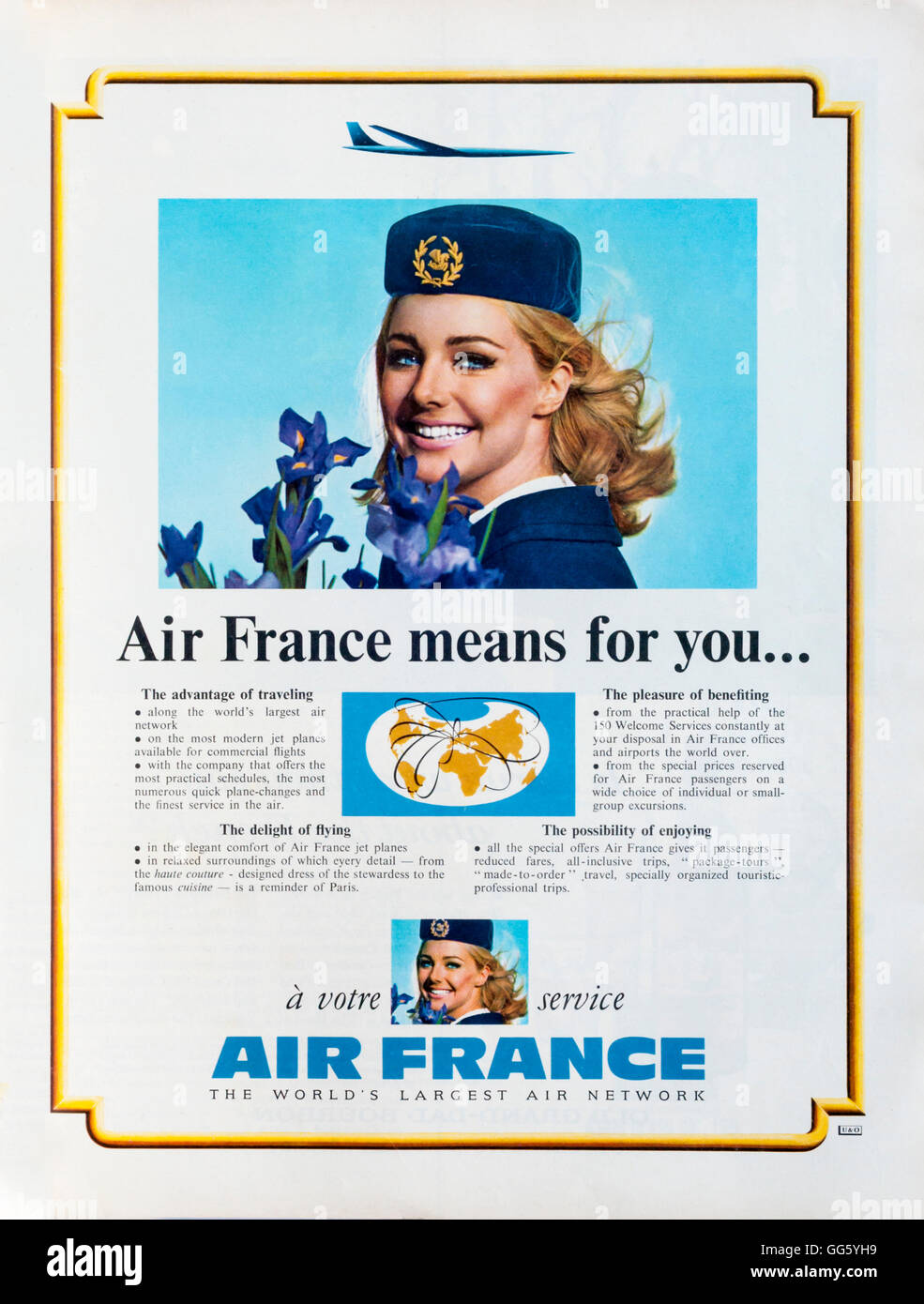 1960er Jahre Magazin Werbung Werbung Flugreisen mit Air France. Stockfoto