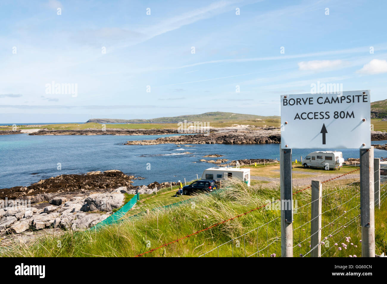 Borve Campingplatz auf der Insel Barra in den äußeren Hebriden, Schottland. Stockfoto